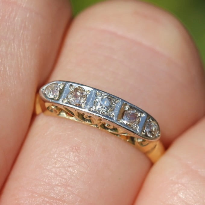 1930s Old Cut 5 Stone Diamond Ring, Platinum and 18ct Yellow Gold, size L or 5.75