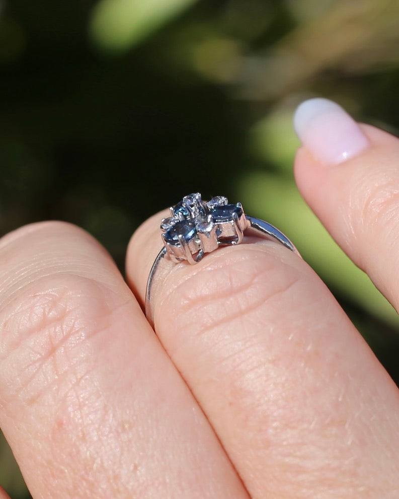 Vintage Parti Sapphire and White Quartz Cluster Ring, 9ct White Gold, size M or just over 6, 1.7g