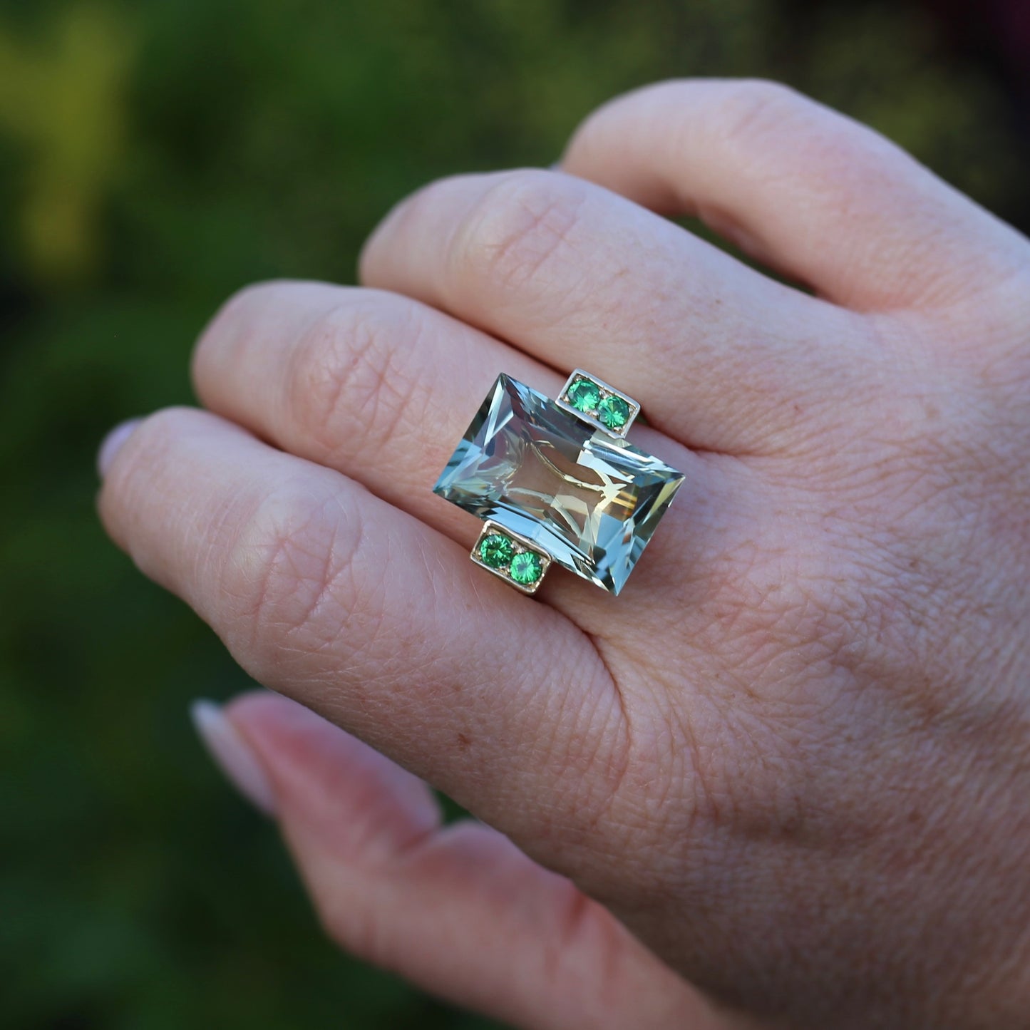 Vintage 15ct Prasiolite Green Quartz and Chrome Diopside Cocktail Ring, size U or 10