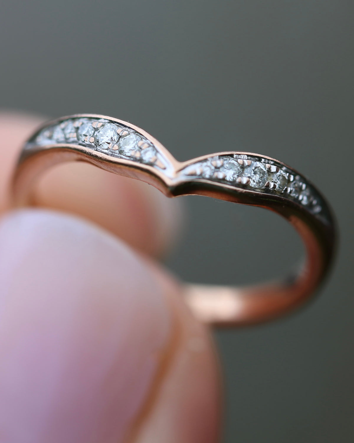 Bead Set Natural Diamond Wishbone Ring, 9ct Rose Gold, size J or 4.75, 1.7g