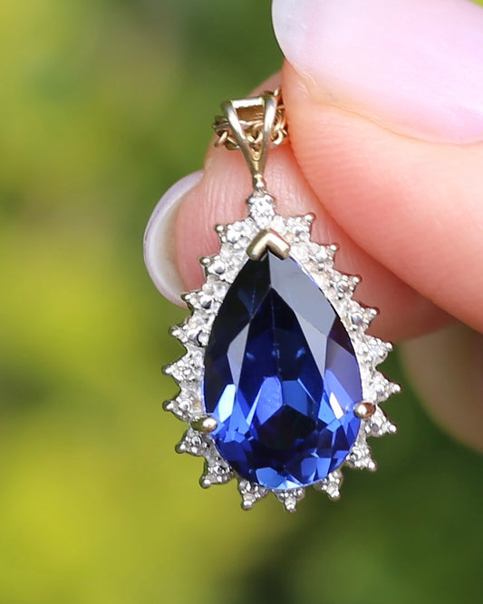 5ct Lab Grown Sapphire and Illusion Set Pendant with 2 Diamonds, 9ct Yellow Gold (some Rhoidum Plating), 2.47g