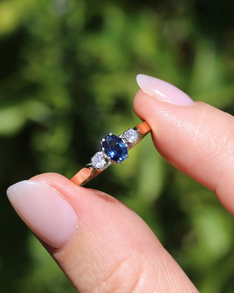 Sapphire and Diamond Trilogy, 9ct Yellow Gold and Palladium, size P or 7.75, 2.32g