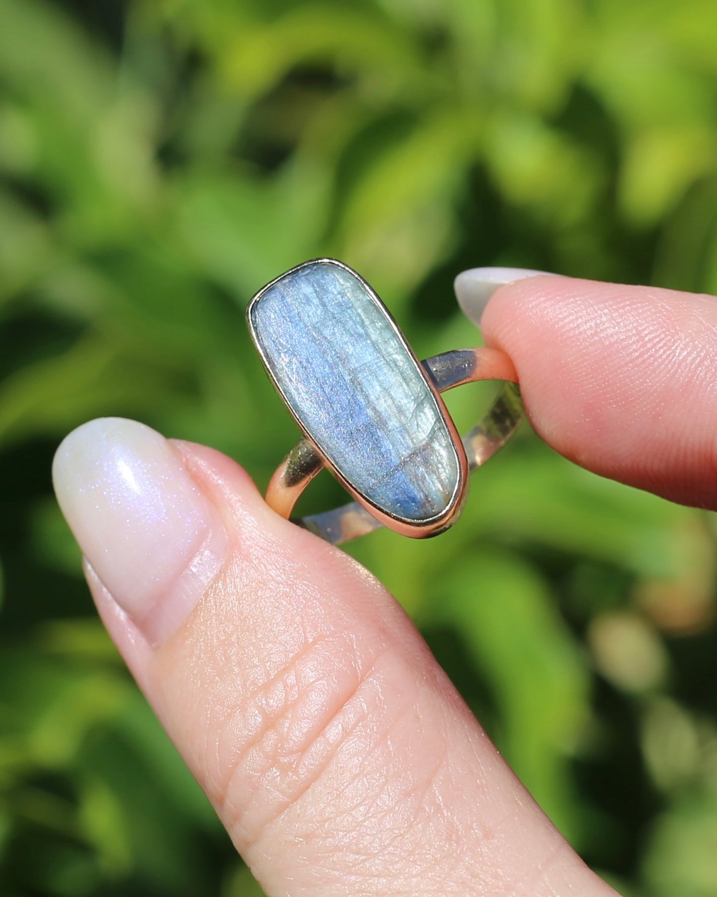 Rustic Freeform Labradorite Cabochon in Bezel Setting, 9ct Yellow Gold, size X1/2 or 11.75