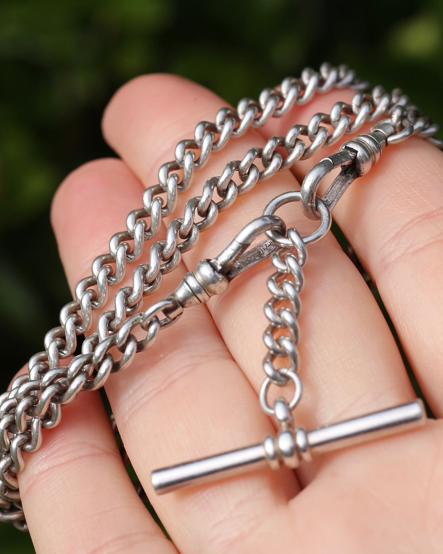 Vintage Silver Albert Chain, Likely American Made, Double Albert Clasp and Removable T-bar, Sterling Silver, 51.5cm