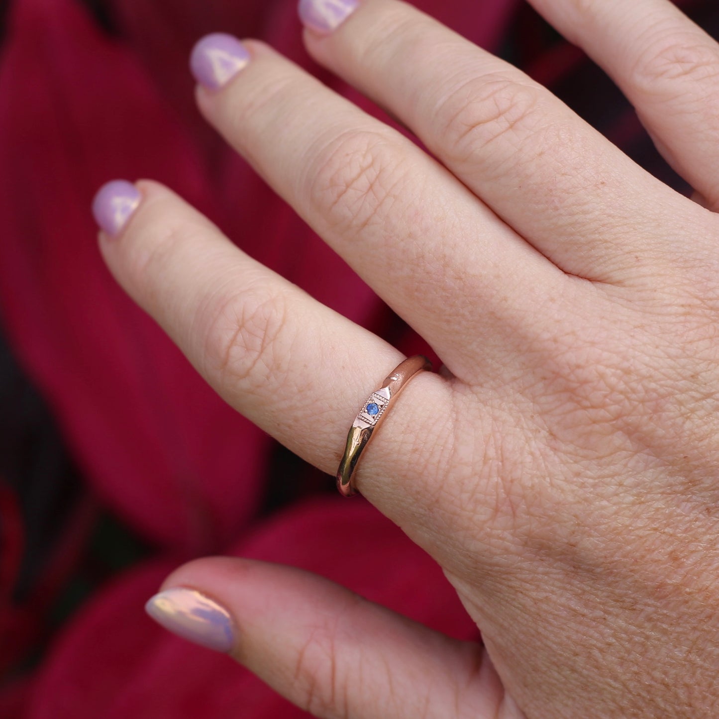 Rustic Handmade Rose Gold Ring with Blue Spinel, 9ct Rose Gold, size T or 9.5