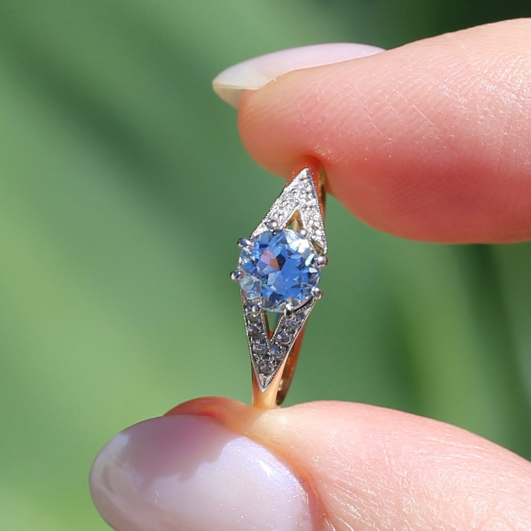 Pristine Early Australian 1930s Dunklings Blue Zircon & Diamond RIng, size L or just over 5.5