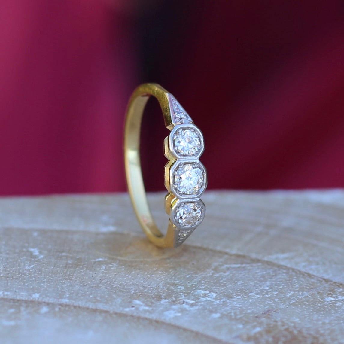 1930s Old and Transitional Cut Diamond Trilogy, 18ct Yellow and White Gold, size N or 6.75