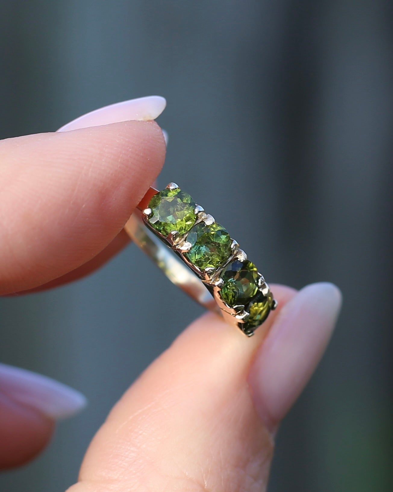 1.75ct Four Stone Natural Green Tourmaline Ring, 9ct Yellow Gold, size N1/2 or just over 6.75, 2.37g
