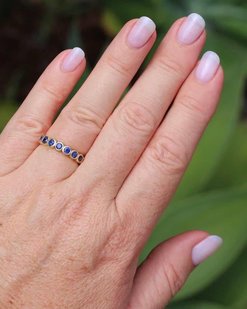 Second Glance - 9 Stone Bezel Set Blue Sapphire Bubble Half Eternity Ring, 9ct Yellow Gold, size N or just over 6.5, 2.80g