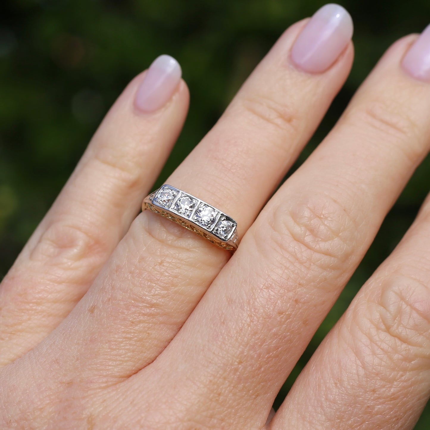 1930s 4 Stone Transitional Cut Diamond Mixed Metal Ring, 18ct Yellow Gold & Platinum, size M or just bigger than 6