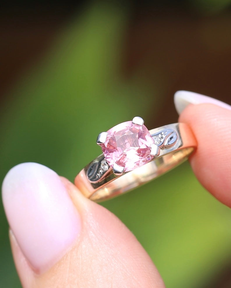1.62ct Natural Pink Tourmaline in 1970s Mixed Metal Setting with Diamond Side Stones, size P or 7.5, 4.34g