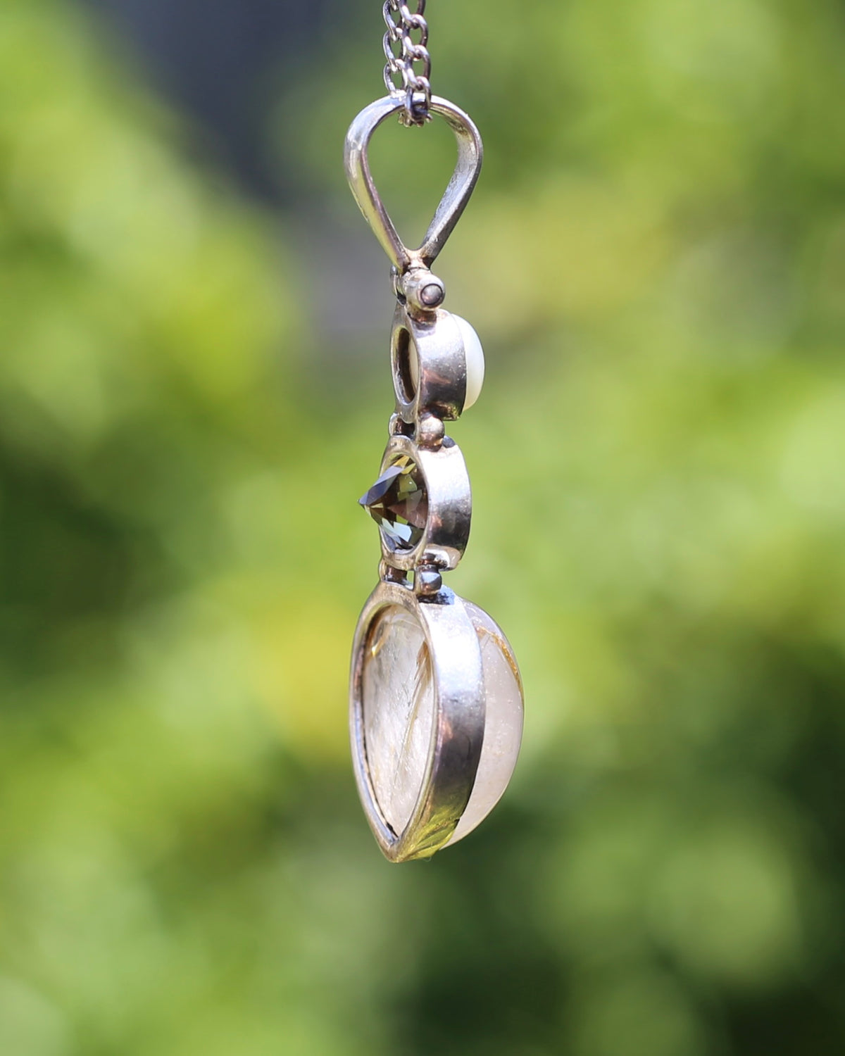 Freshwater Pearl, Citrine and Rutilated Quartz Cabochon Pendant, Sterling Silver, 6.0g