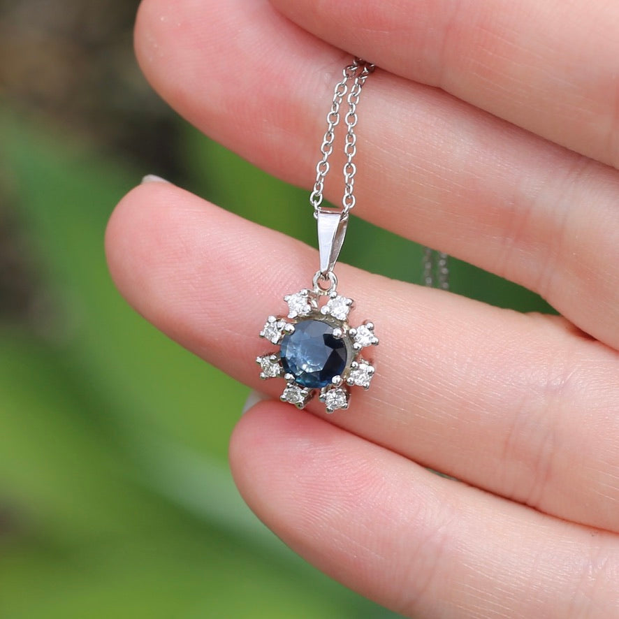 1.15ct Sapphire and Diamond Pendant, 14ct White Gold, with 9ct White Gold Chain