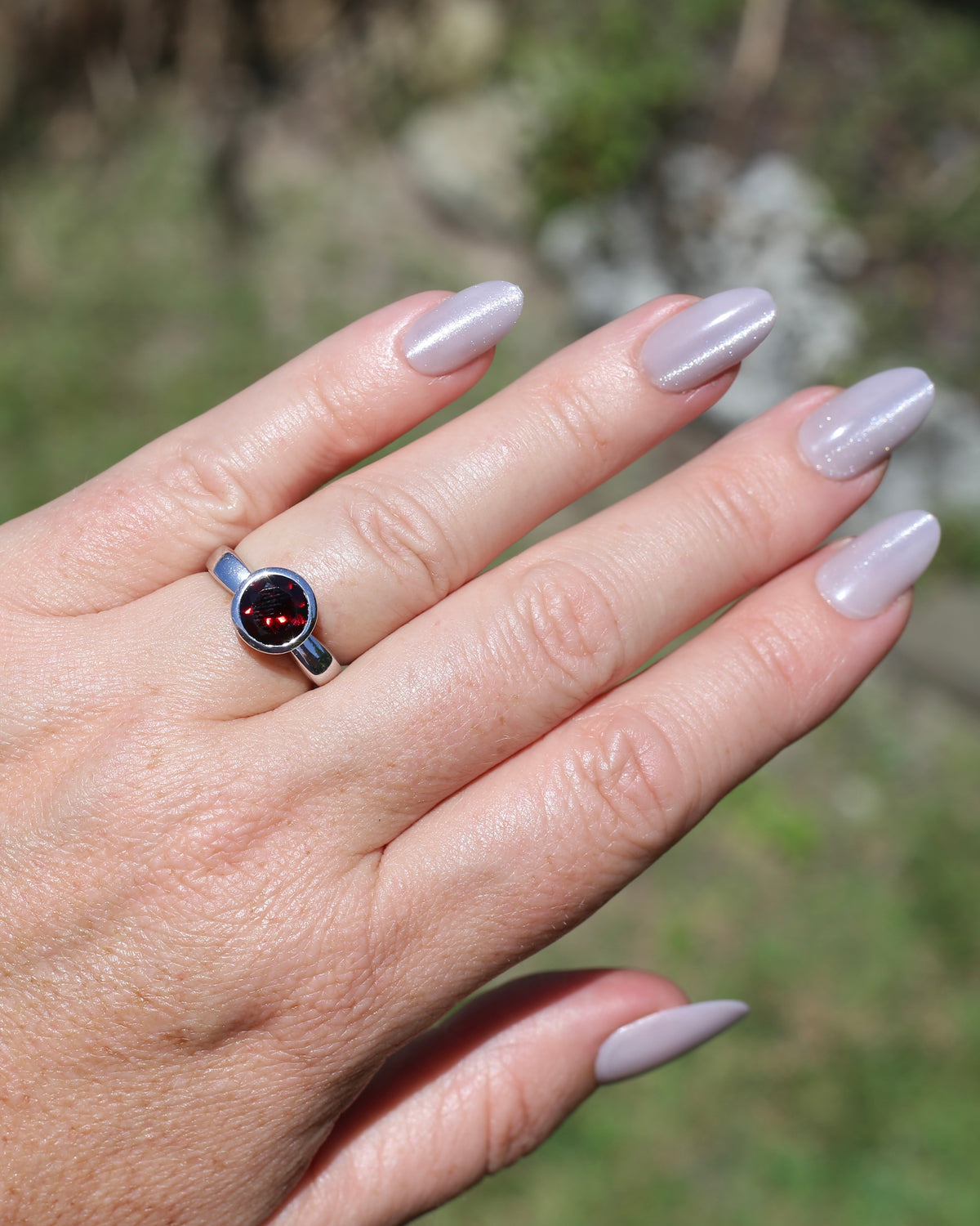 9mm Round Garnet in Bezel Set Silver Ring, Sterling Silver, size 7 or just over N1/2, 4.16g