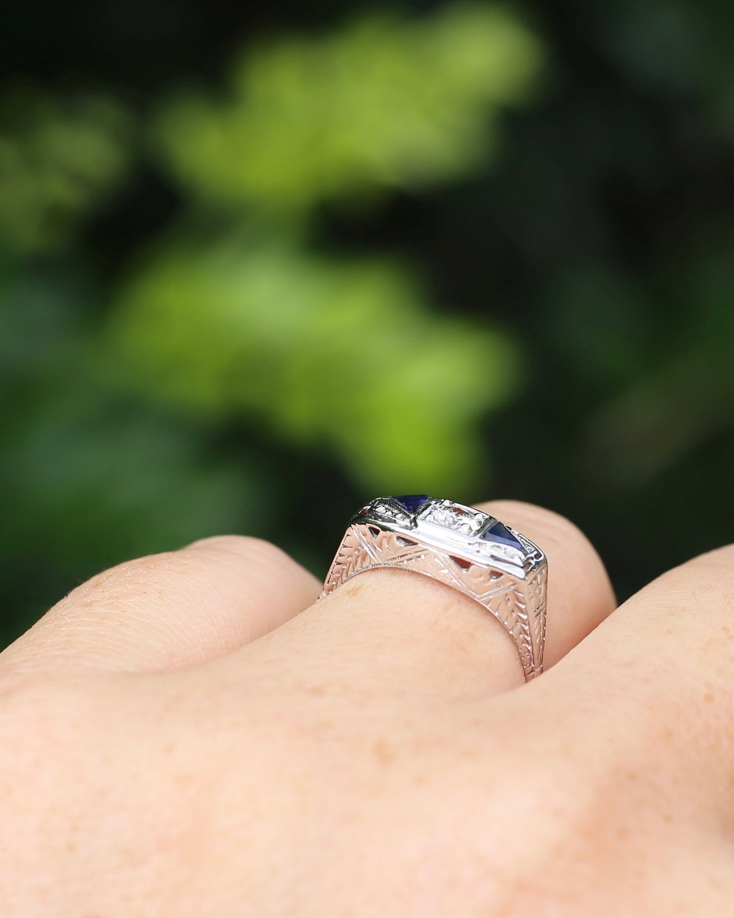 Art Deco Diamond and Sapphire Trilogy in Raised Handmade Engraved Floral Setting, 14ct White Gold, size U or 10 - offering free resize down to 7 or O, with valuation