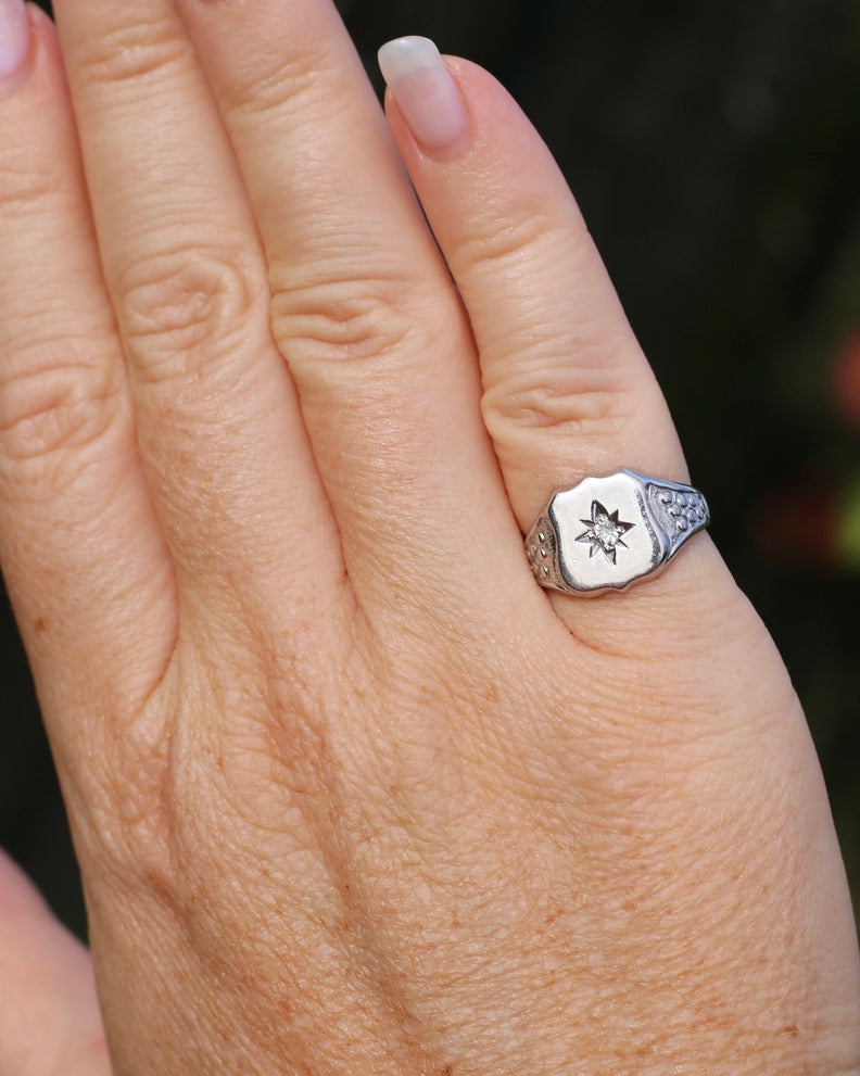 Vintage Shield Signet With Old Cut Diamond, 18ct White Gold, size N or just over 6.5 (fits more like an L1/2-M due to width), 6.86g