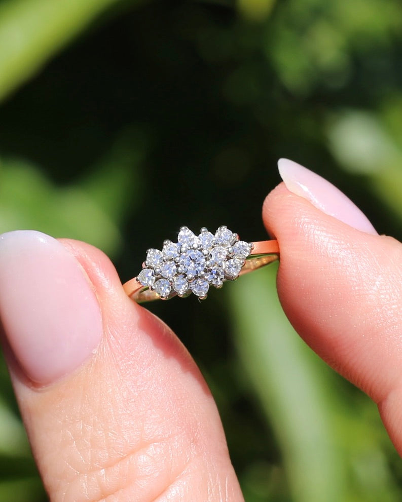 1991 London Made Diamond Cluster Ring, 9ct Yellow and White Gold, size J or 4.75, 2.2g
