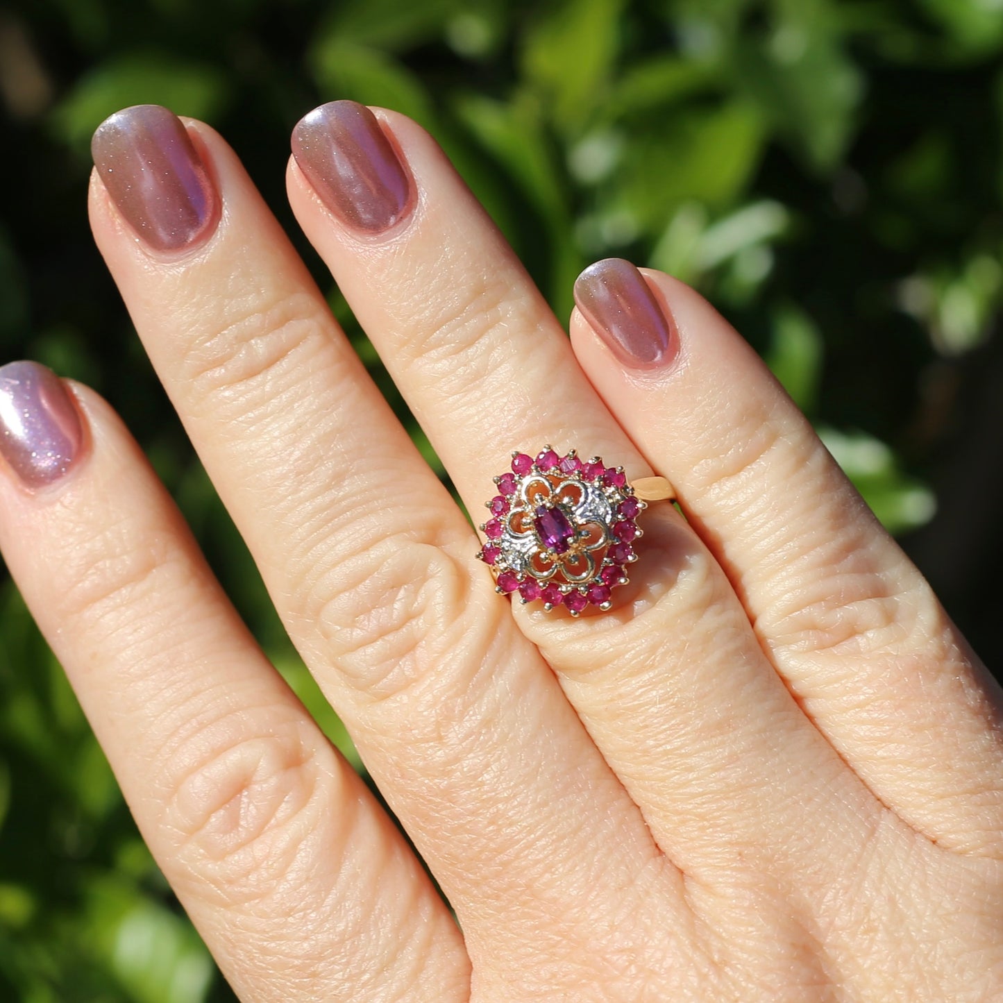 Ruby and Diamond Filigree 14ct Yellow Gold Ring, size M or just under 6.5