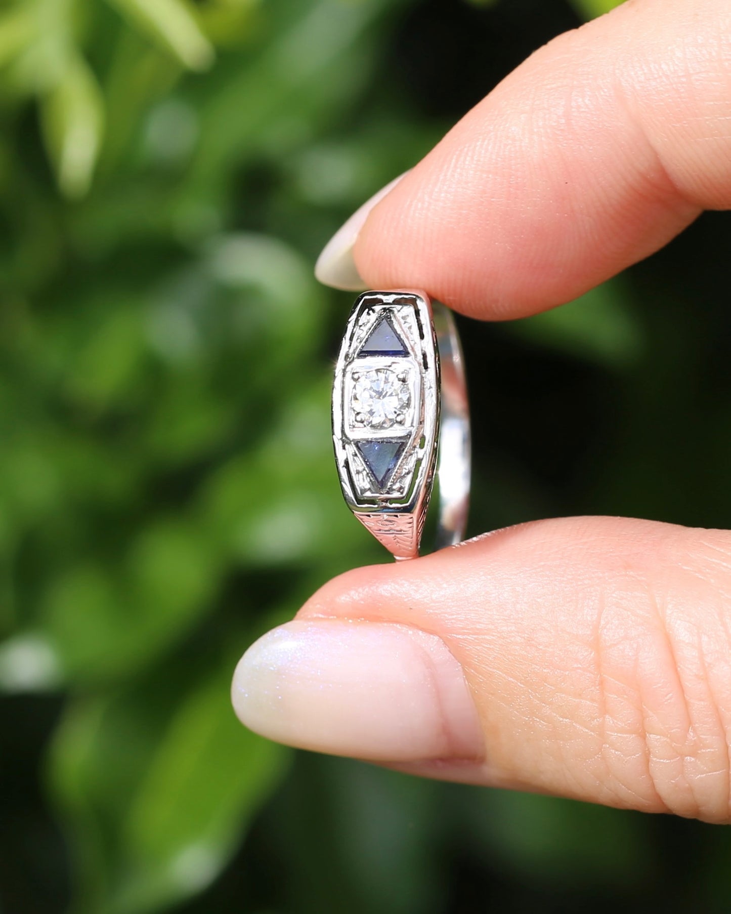 Art Deco Diamond and Sapphire Trilogy in Raised Handmade Engraved Floral Setting, 14ct White Gold, size U or 10 - offering free resize down to 7 or O, with valuation