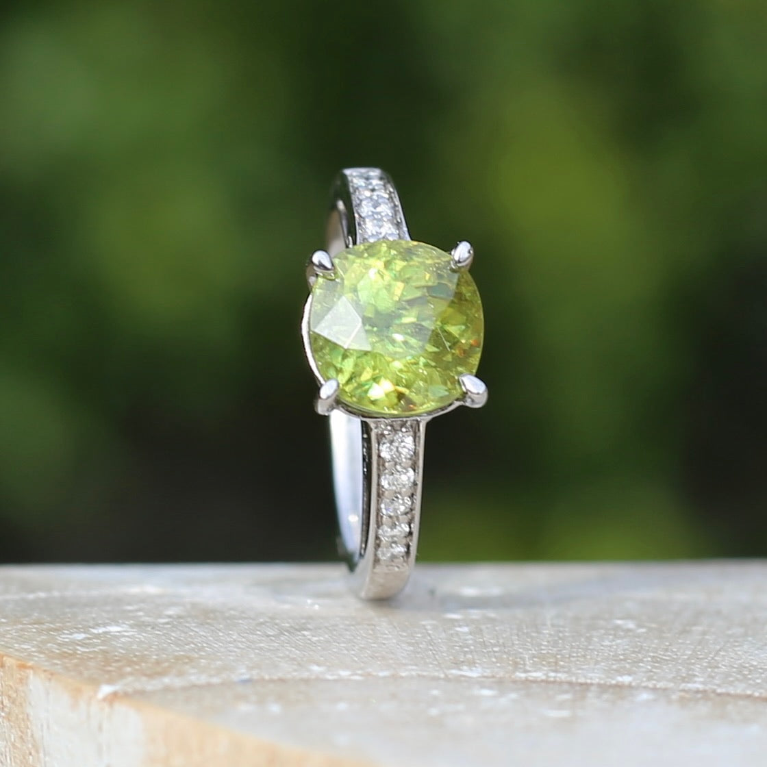 4.11ct Green Zircon and Diamond Ring, 14ct White Gold, size N1/2 or 7, with valuation