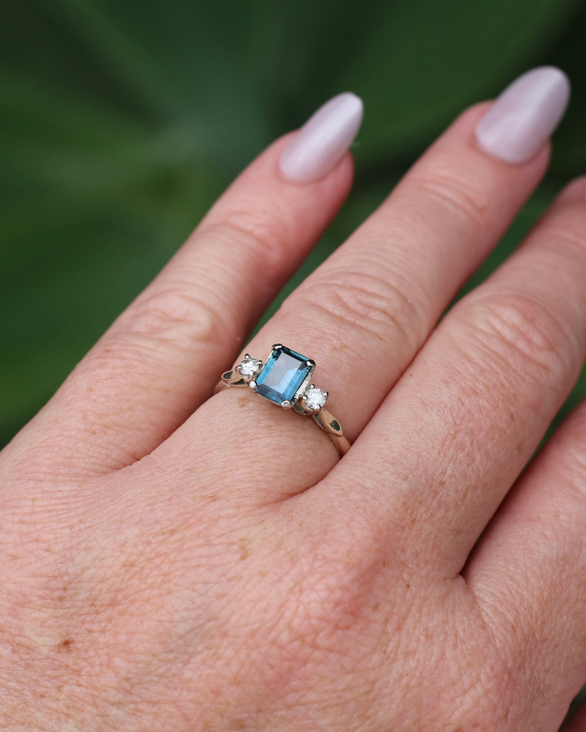 1.1ct Emerald Cut Natural Blue Teal Sapphire and Diamond Trilogy, 18ct White Gold and Platinum, size O or just over 7, 2.27g