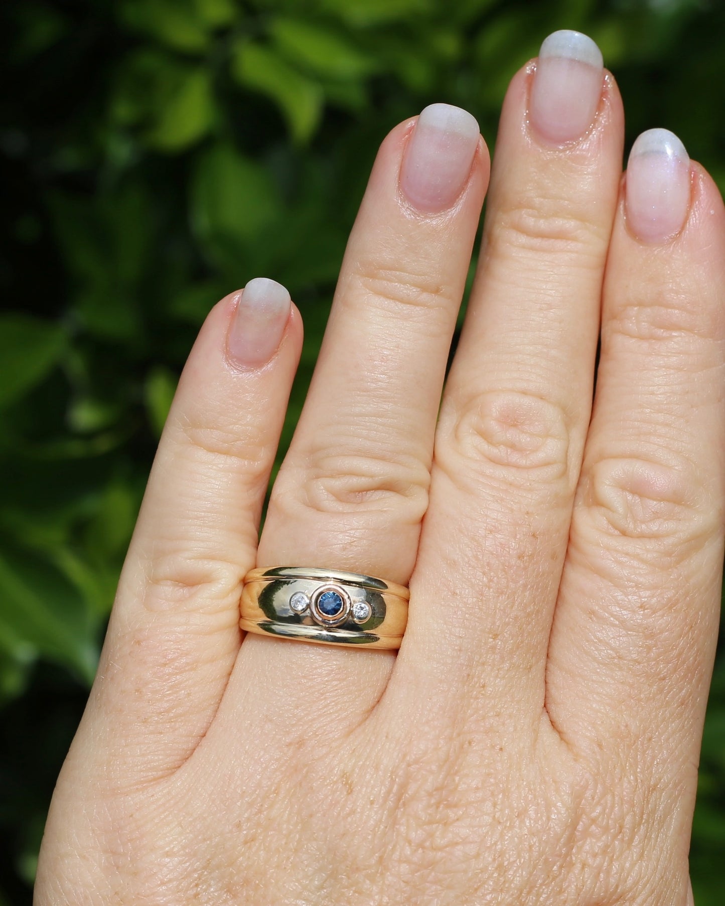 Bezel Set Parti Sapphire and Diamond Trilogy, Chunky Yellow Gold, size O1/2 or 7.5 (will fit smaller due to width)