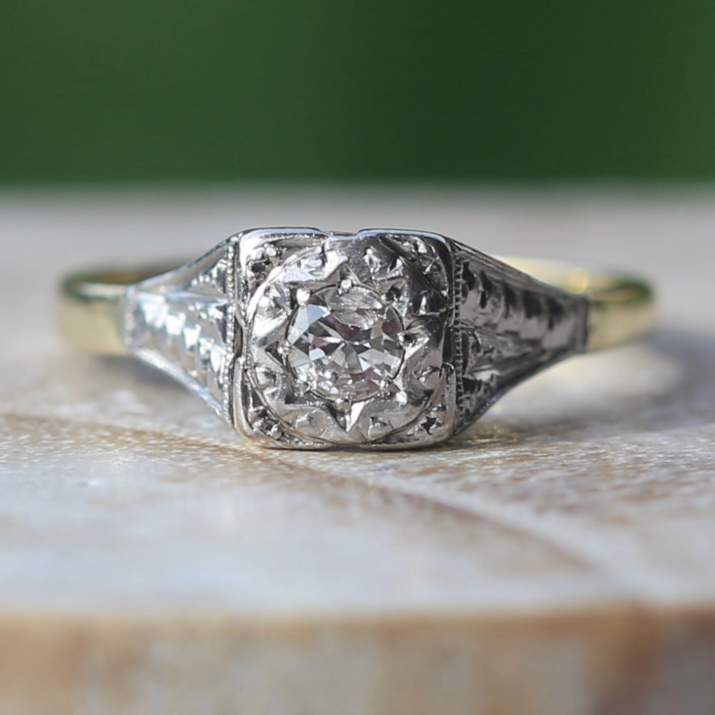 1930s Art Deco Inspired Platinum and 18ct Gold Solitaire Ring, size N or almost 6.75