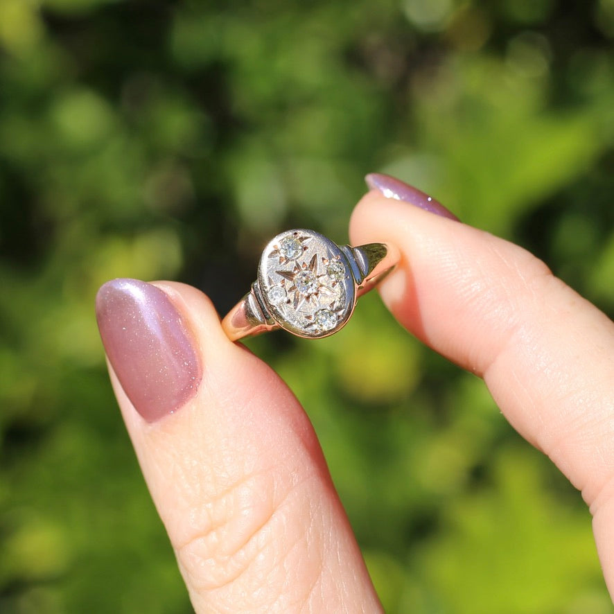 Early Australian Joseph Lawrence Signet Ring, Star Set with 5 Old Cut Diamonds, size T or 9.5