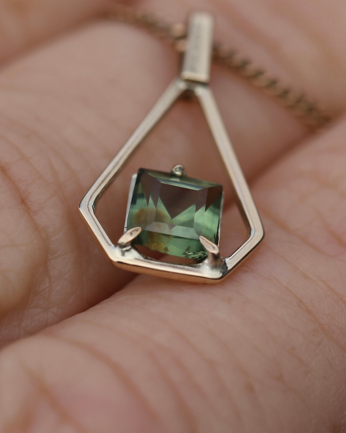 Modified Carre Cut Unheated Green Natural Sapphire in Handmade Vintage Pendant, 9ct Yellow Gold, 0.78g
