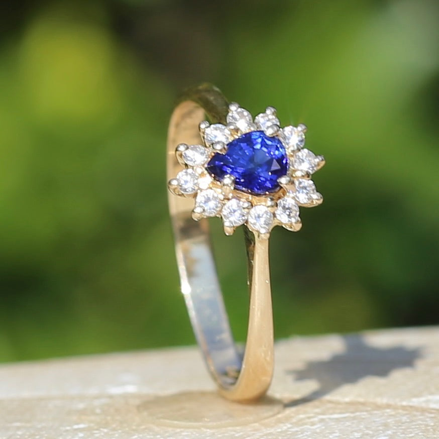 Pear Shaped Sapphire with Halo, 14ct and 18ct Yellow Gold, size 7 or just under O