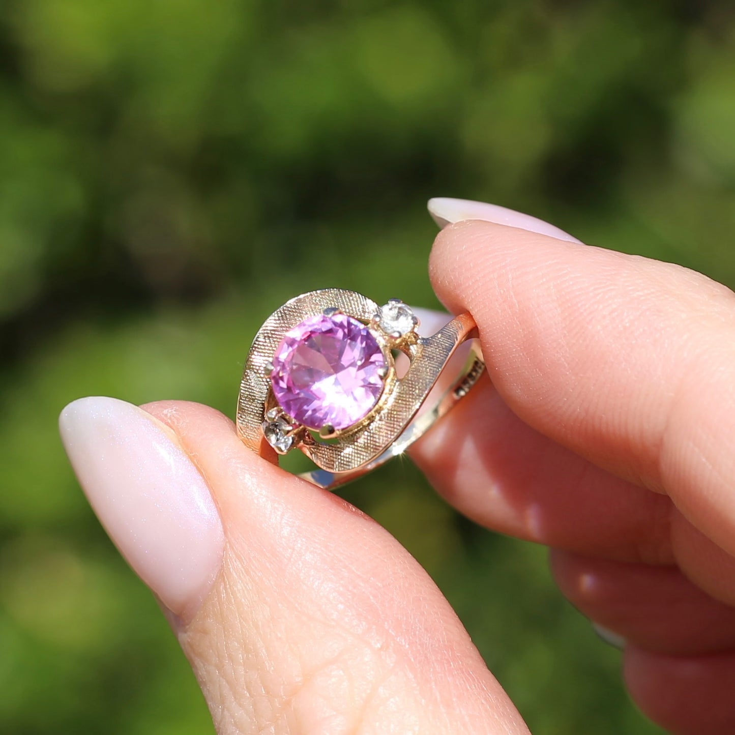 Asymmetric Pink Sapphire and White Spinel Dress Ring, 10ct Yellow Gold, size  N or 6.75