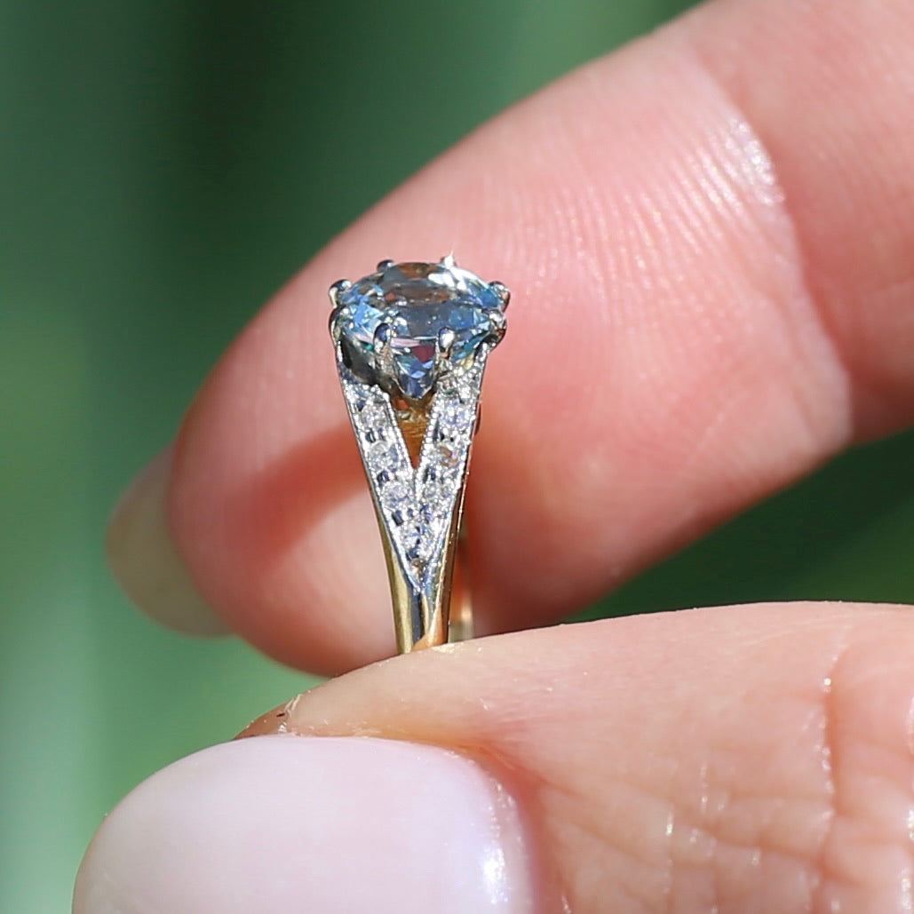 Pristine Early Australian 1930s Dunklings Blue Zircon & Diamond RIng, size L or just over 5.5