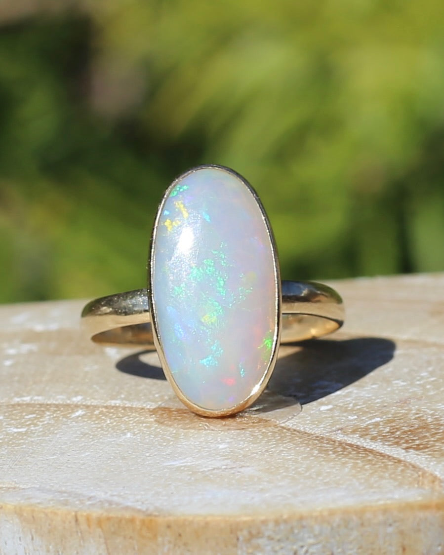 Crystal Opal Cabochon, Low Profile, in Bezel Set 9ct Yellow Gold, size T1/2 or 9.75