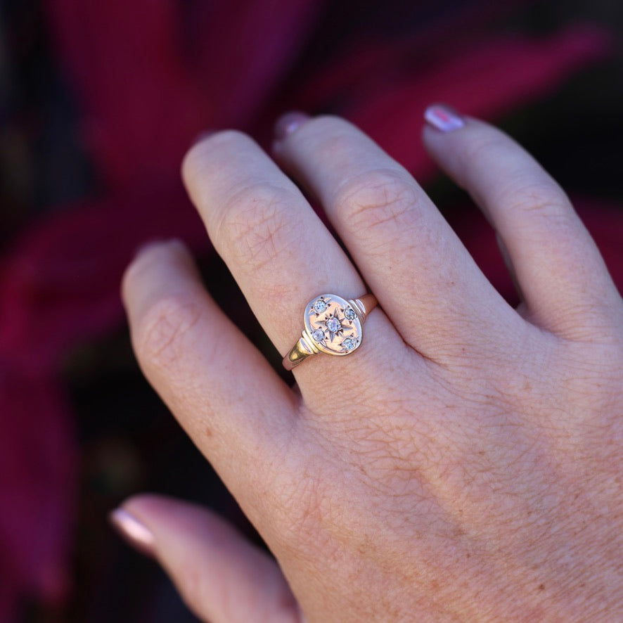 Early Australian Joseph Lawrence Signet Ring, Star Set with 5 Old Cut Diamonds, size T or 9.5