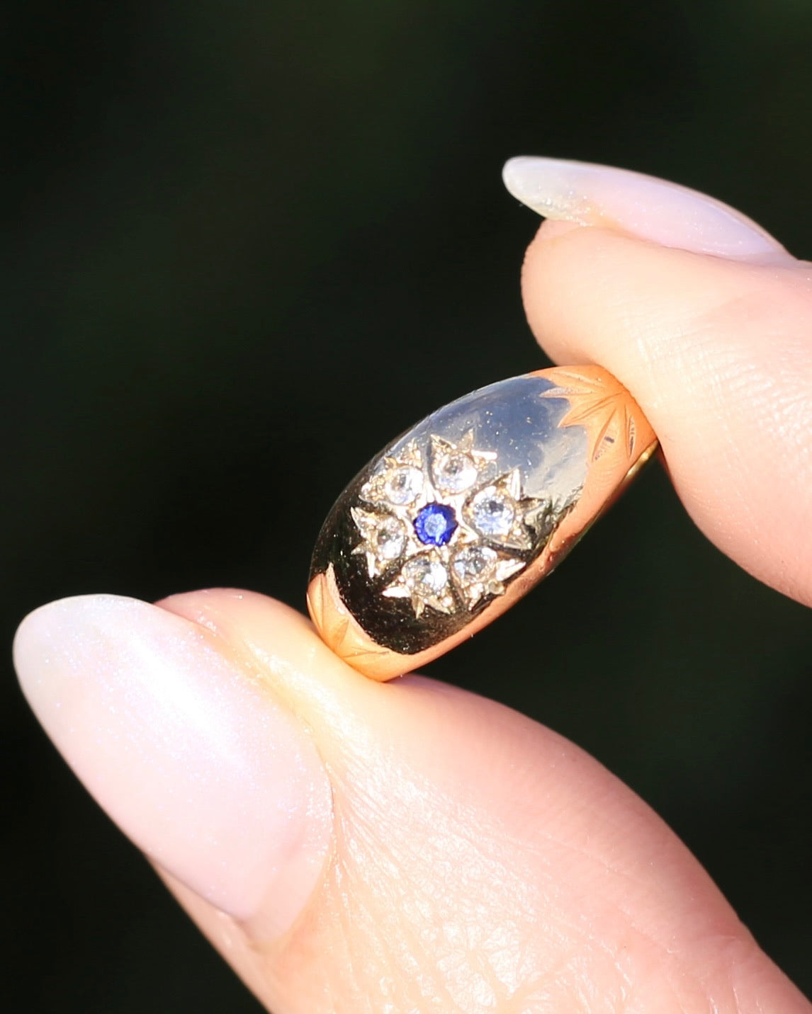 Vintage 1994 Birmingham Made Sapphire and White Stone Floral Cluster in Domed Ring, 9ct Yellow Gold, size J1/2 or 5