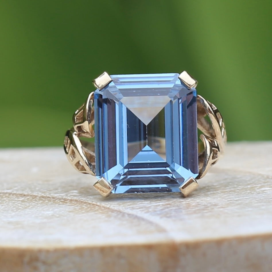 Mid Century Emerald Cut Blue Spinel Cocktail Ring, size N1/2 or 6.75