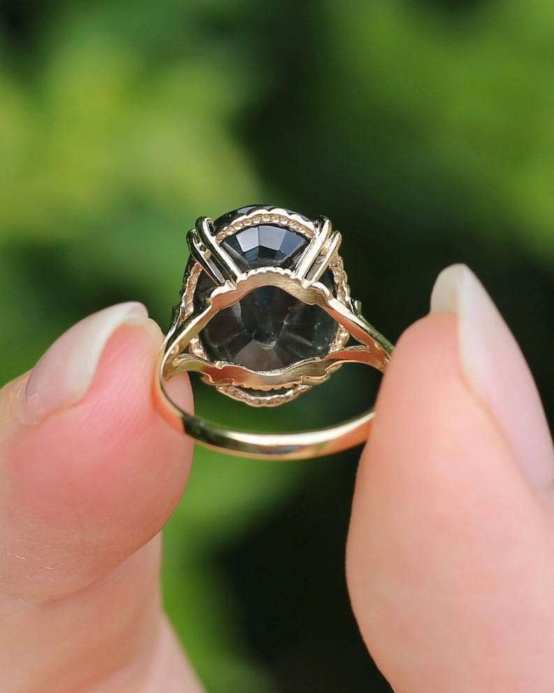 8.4ct Opaque Blue Sapphire, in Four Double Claw Filigree 9ct Yellow Gold Ring, size J or 4.75, 3.53g