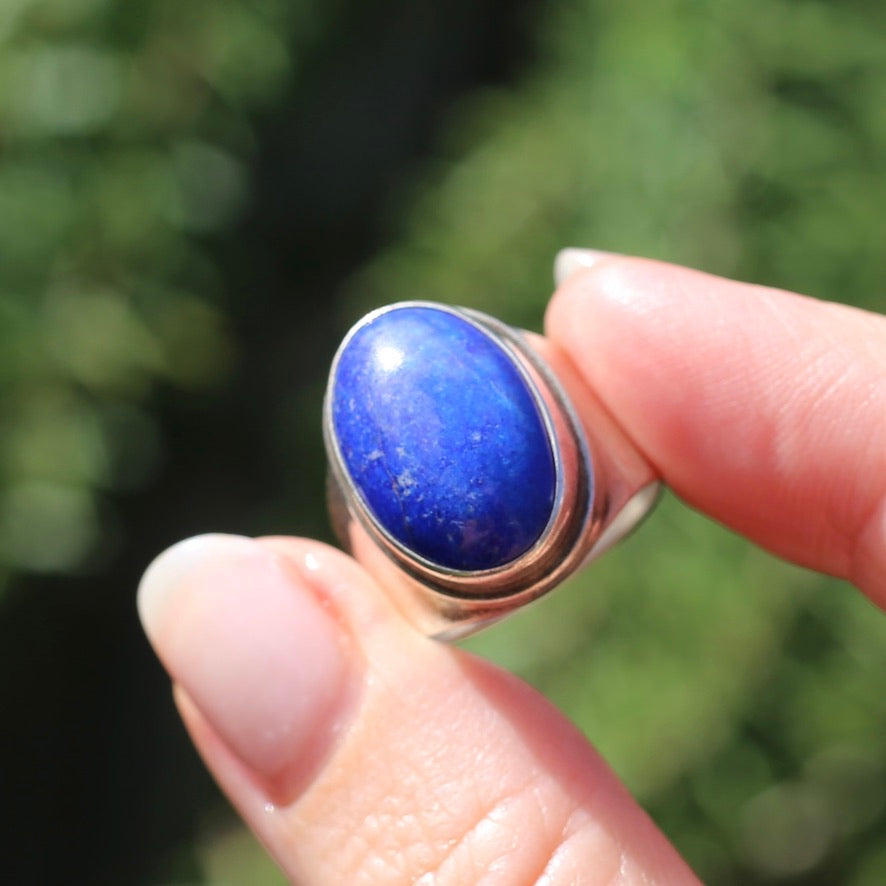 Large Lapis Cabochon in Silver Bezel Setting, size P1/2 or just under 8