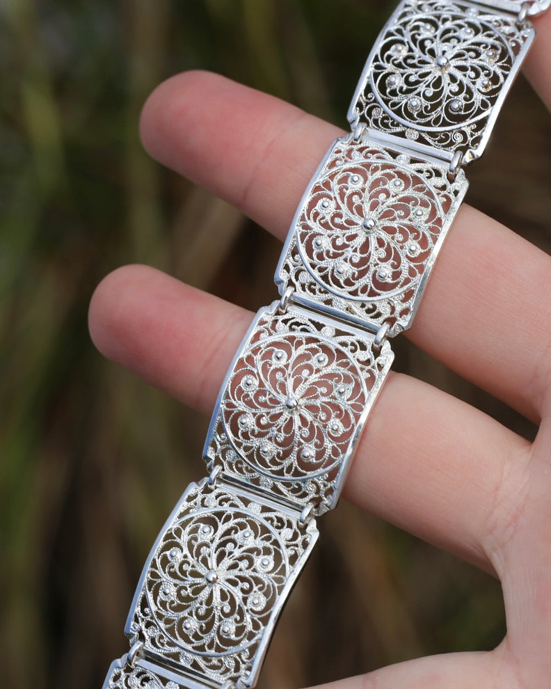 Vintage Filigree 835 Silver Bracelet with Safety Clasp, 835 European Silver, 20.75g, 7.5 inches or 19cm