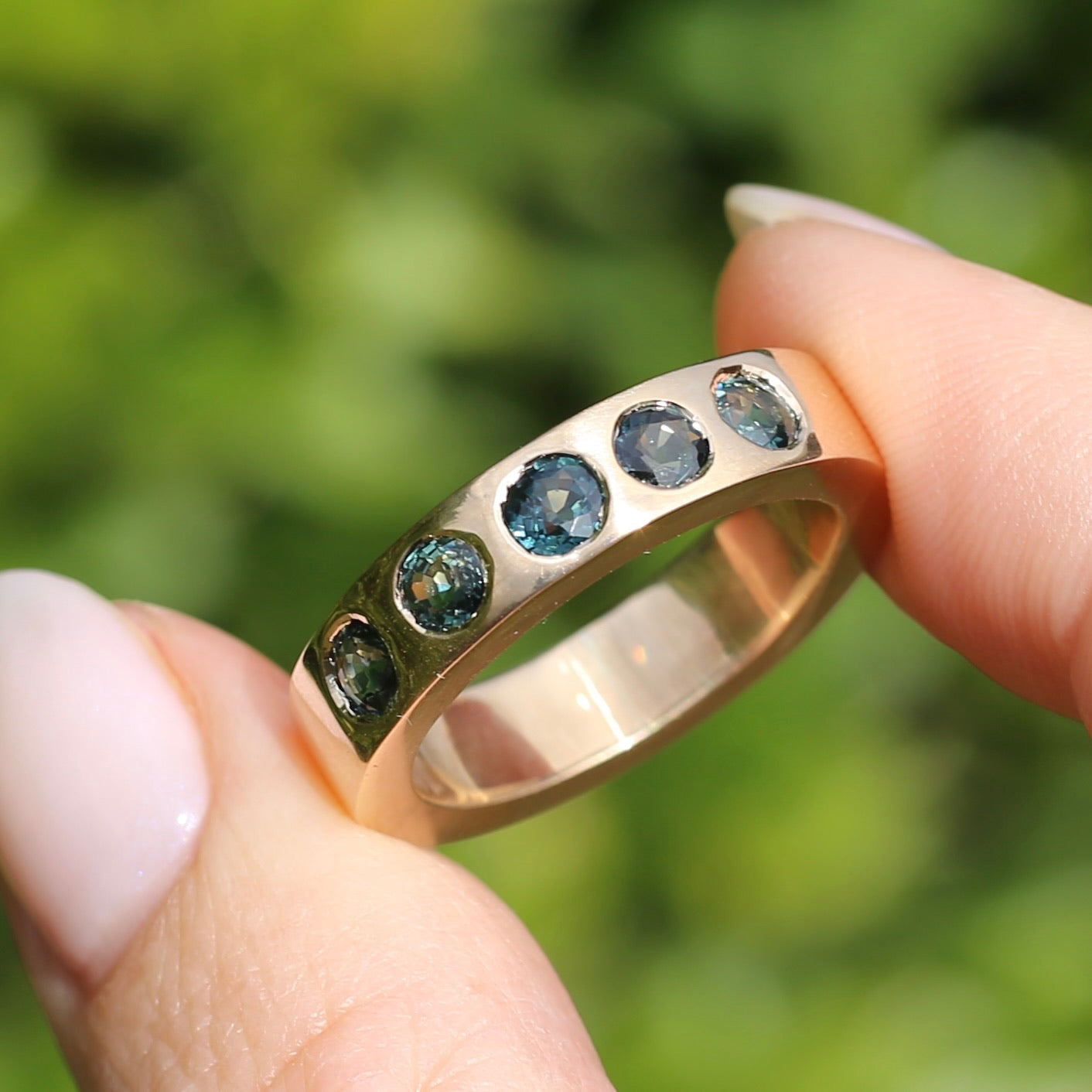 Custom Reclaimed Gold Chunky 9ct Rings with 4mm Parti Sapphires