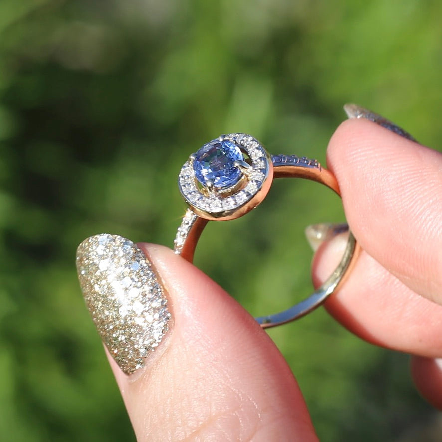 Sapphire and Single Cut Diamond Halo, 9ct Yellow Gold, size 10.25 or just bigger than U