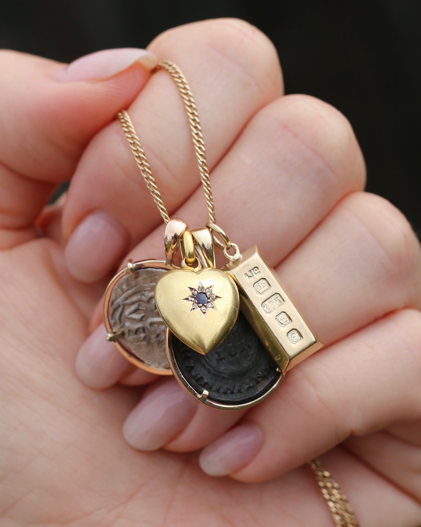 Antique 1903 Made 15ct Puffy Heart With Old Cut Sapphire and Rose Cut Diamonds, 15ct Yellow Gold, 1.59g