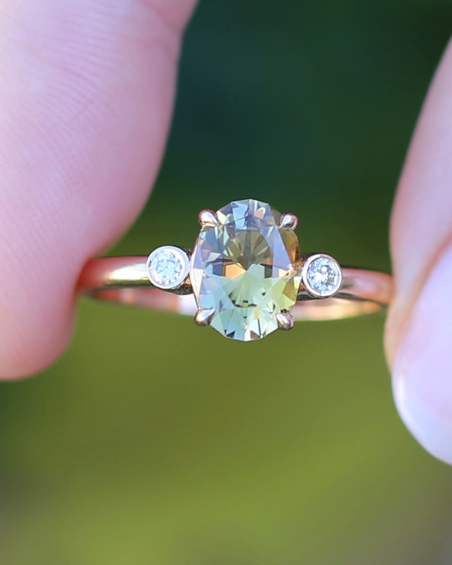 1.57ct Natural Golden Tanzanite Zoisite and Diamond Trilogy Ring, 14ct Rose Gold, size 8.75 or just over R, 3.3g, with valuation