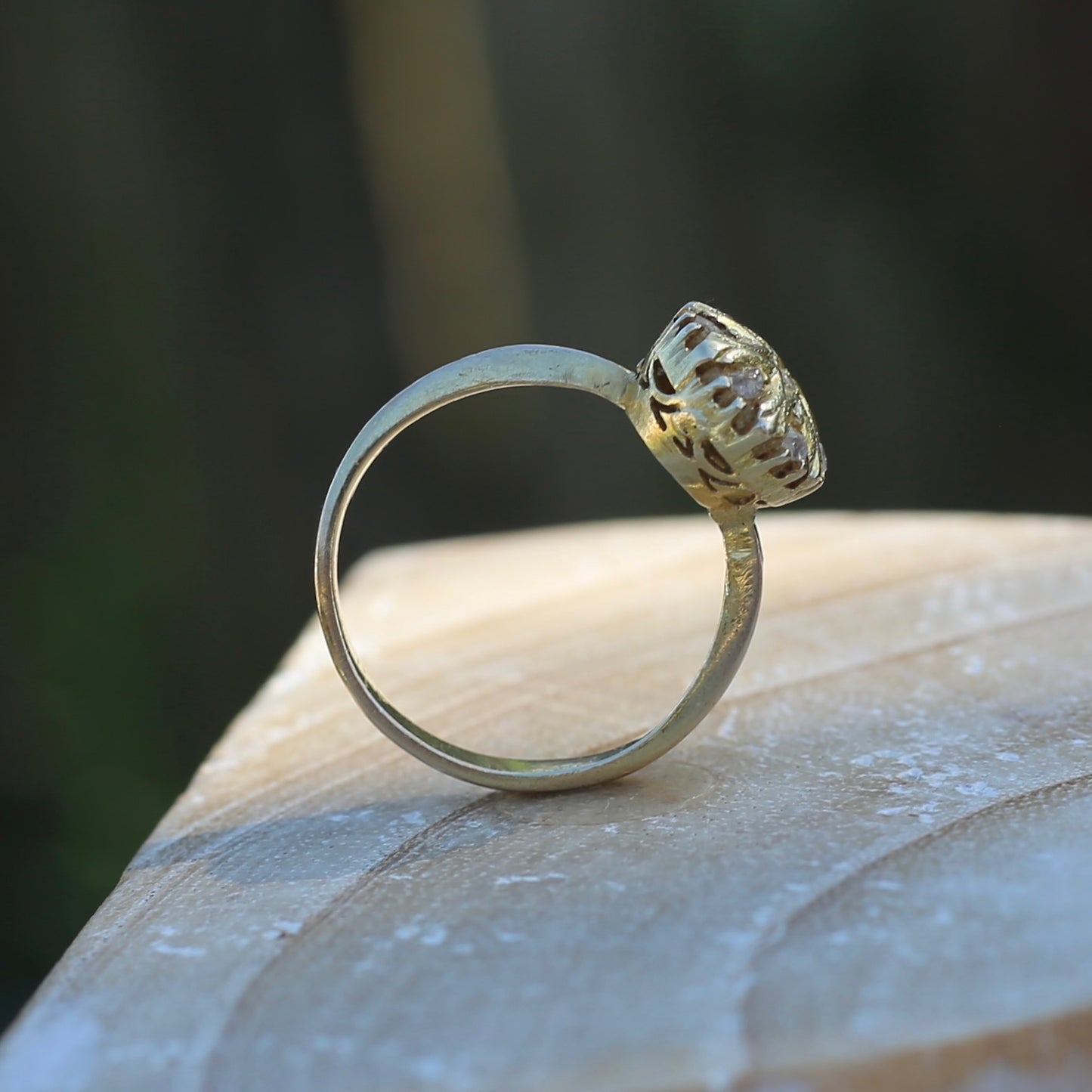 Rustic Handmade Likely Victorian Rose and Table Cut Diamond & Quartz Ring, approx 12ct Yellow Gold, size T or 9.5