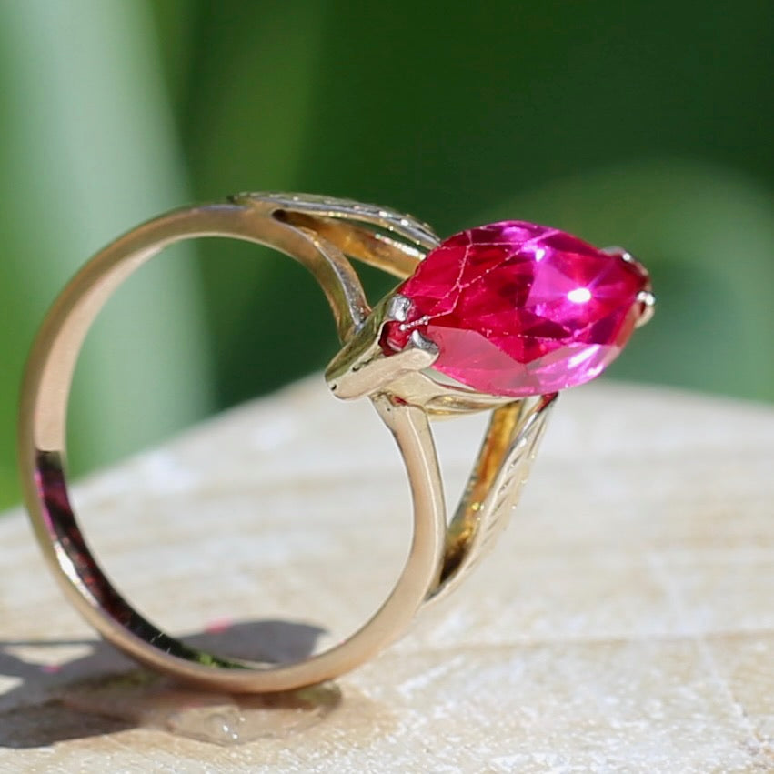 Mid Century Russian Synthetic Ruby Ring, 14ct Rosey Gold, size L1/2 or 6