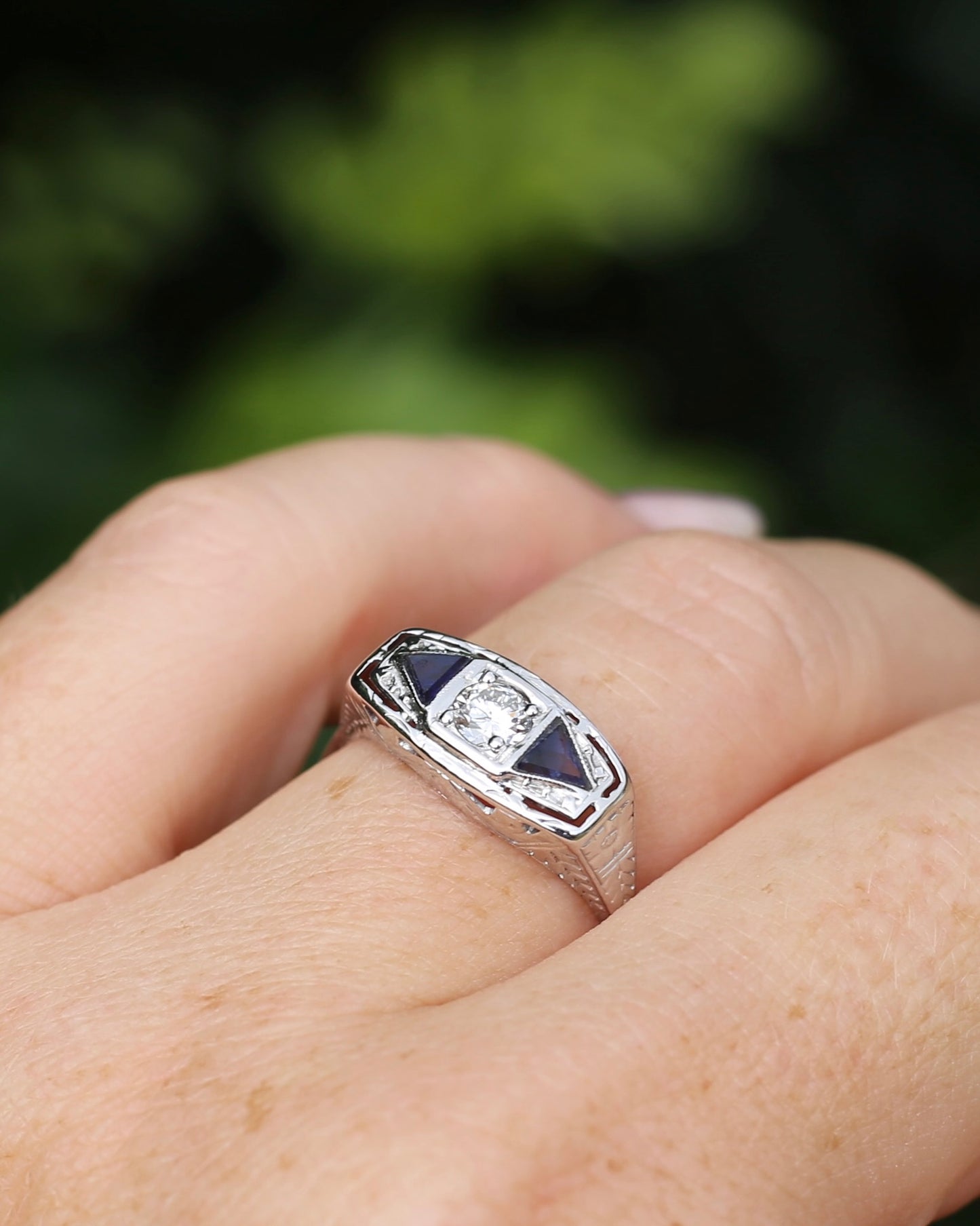 Art Deco Diamond and Sapphire Trilogy in Raised Handmade Engraved Floral Setting, 14ct White Gold, size U or 10 - offering free resize down to 7 or O, with valuation