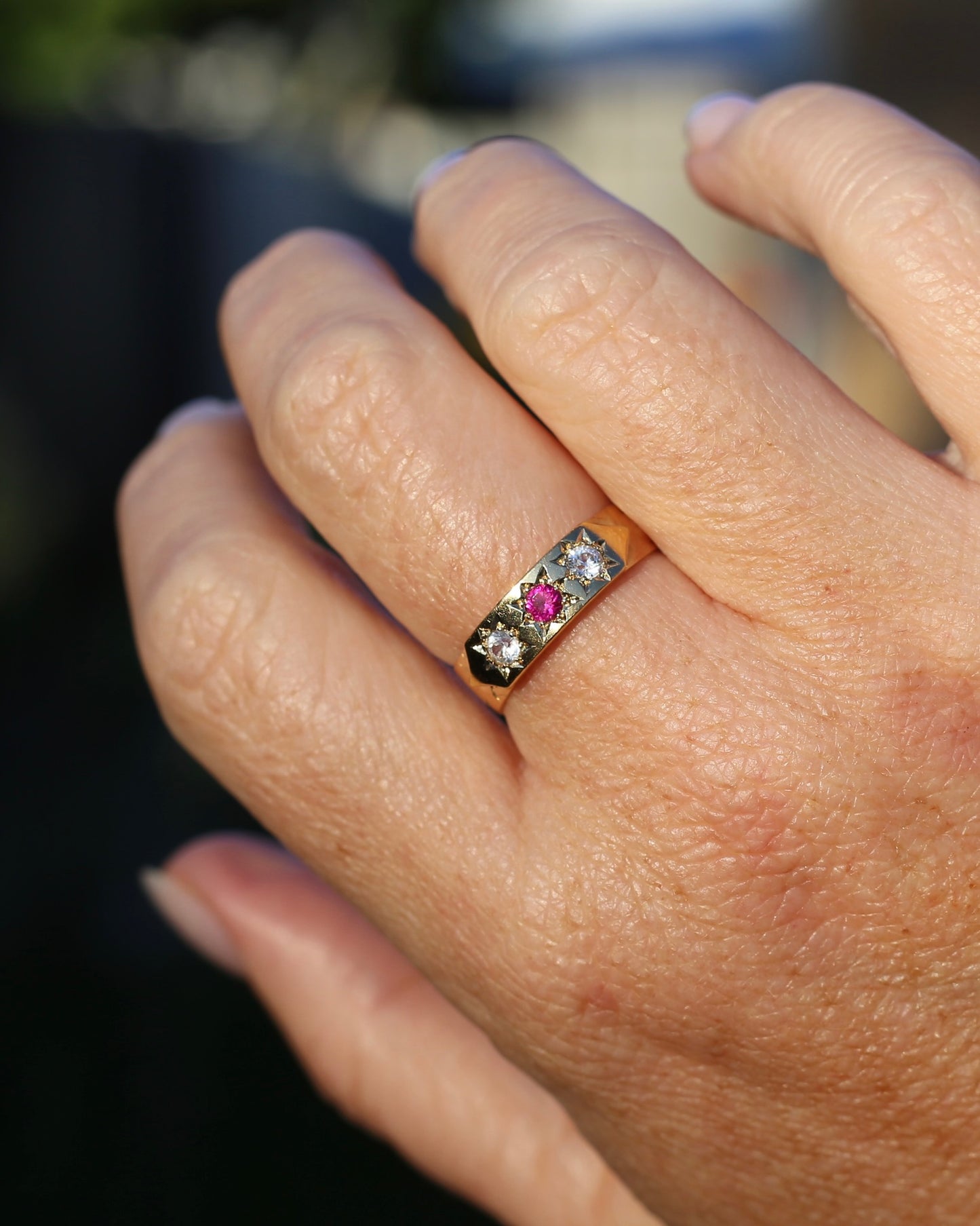 1873 15ct Band with 18ct Trilogy Old Cut Star Set Addition, 15 & 18ct Gold, size R1/2 or 8.75 (fits slightly smaller)