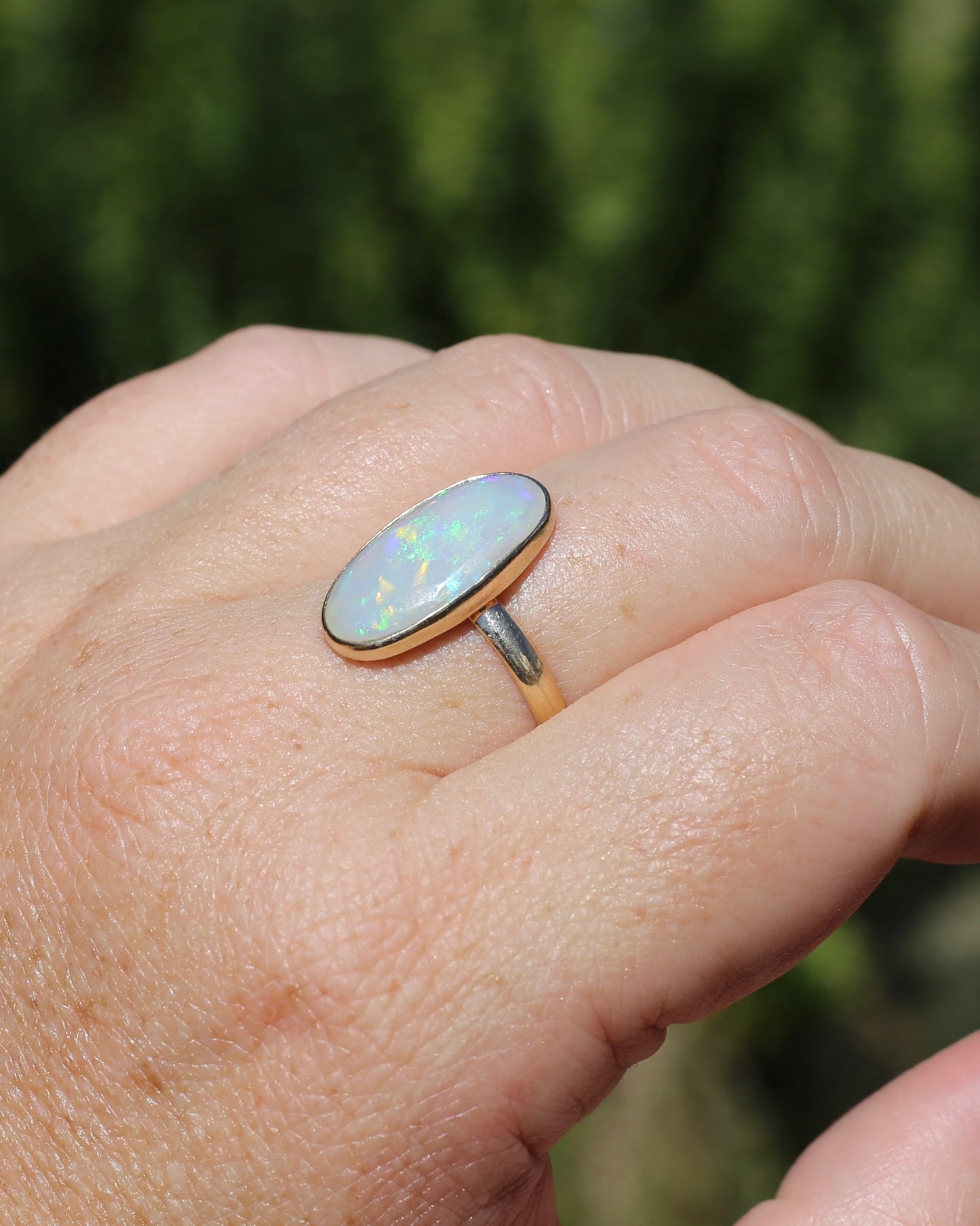 Crystal Opal Cabochon, Low Profile, in Bezel Set 9ct Yellow Gold, size T1/2 or 9.75