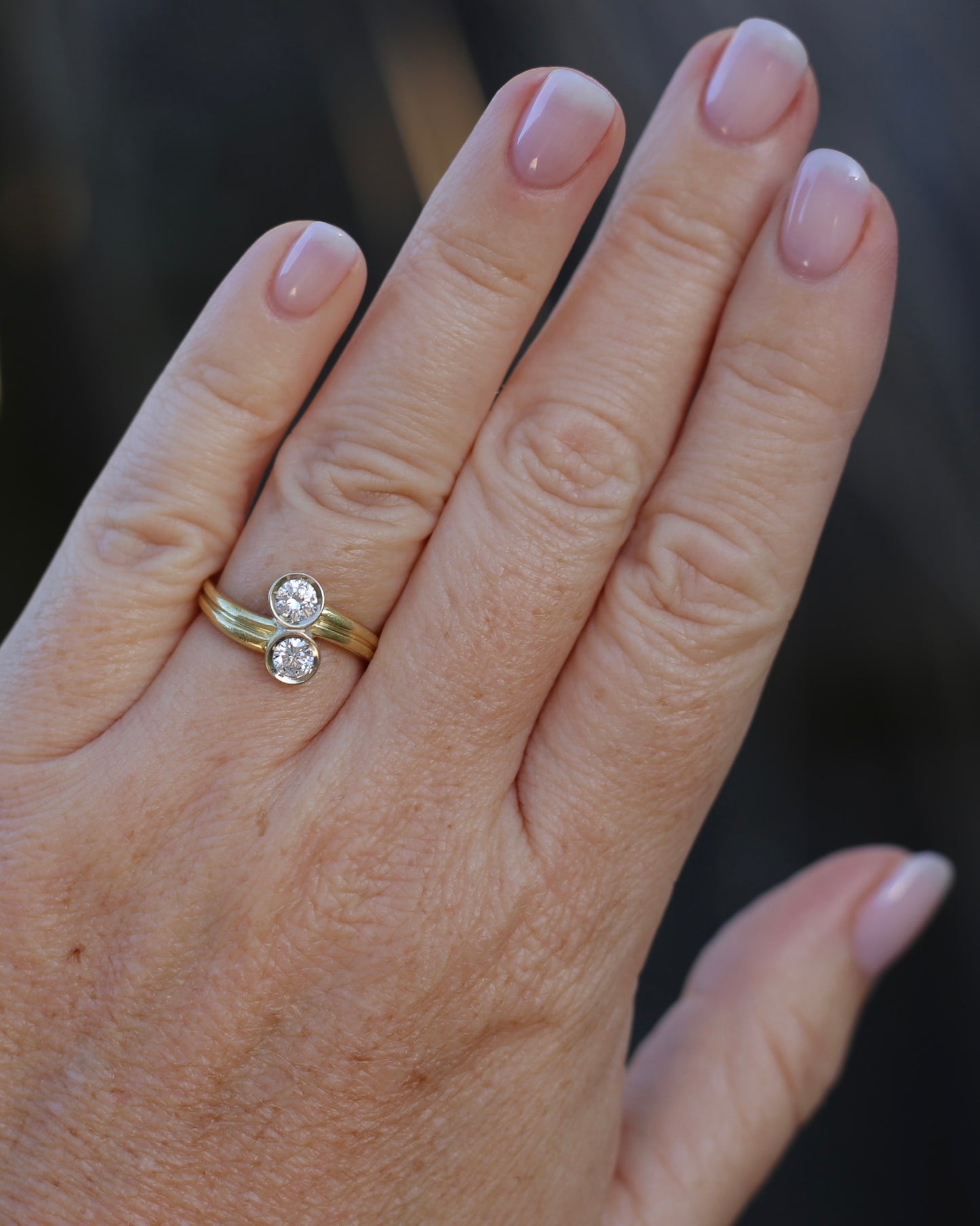 Vintage Toi Et Moi Two Stone Natural Diamond Ring, 18ct Yellow and White Gold Ring, size P1/2 or just over 7.75, 4.42g, with valuation
