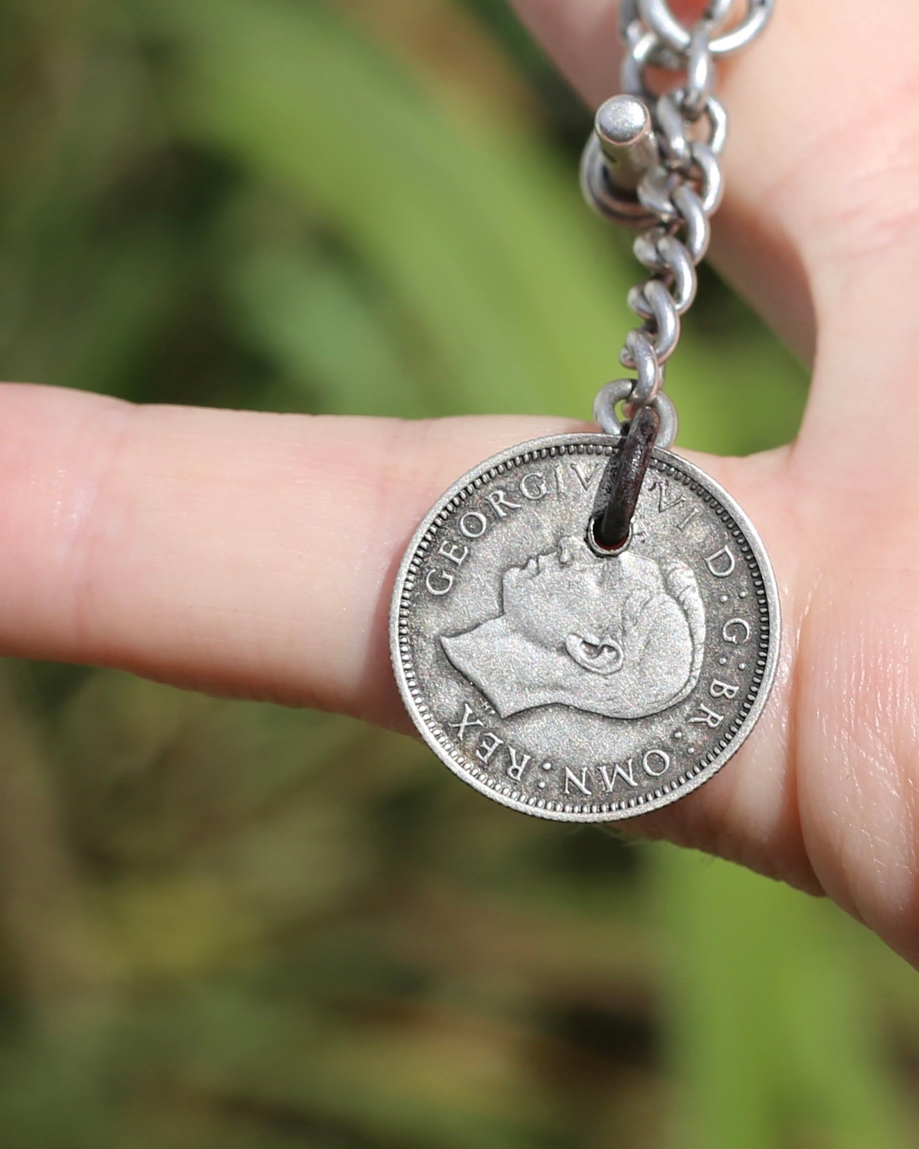 1907 Single Graduated Chester Made Curb Watch Chain with T-bar and 1945 Threepence and Single Albert Clasp, 30cm or 11.75 inches, 30.54g